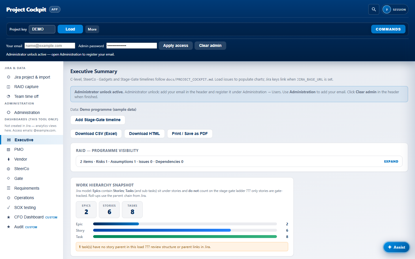 Project Cockpit — programme governance shell with sidebar navigation