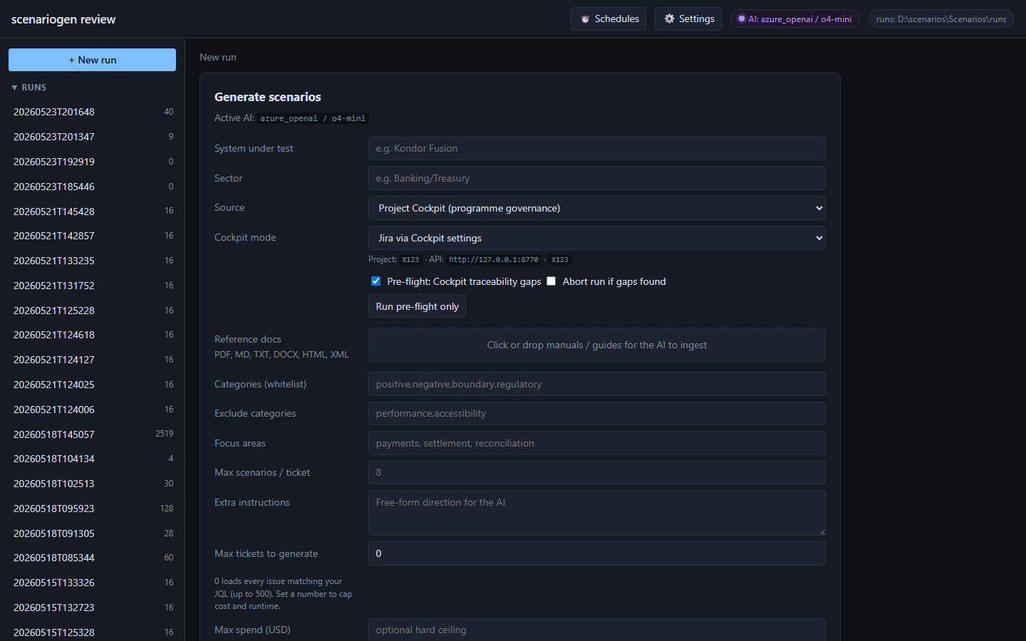 ScenarioForge new run with Project Cockpit source selected