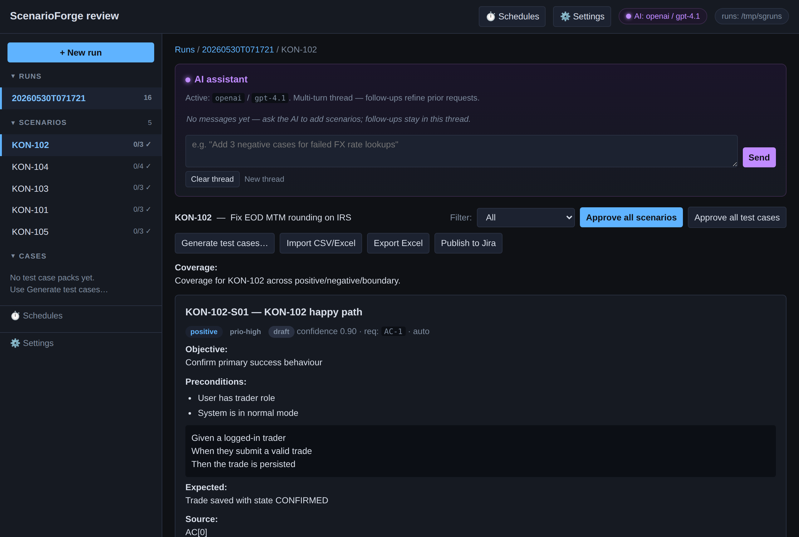 ScenarioForge review console: generated test scenarios for a Jira ticket with approve, regenerate and push-to-Jira controls.